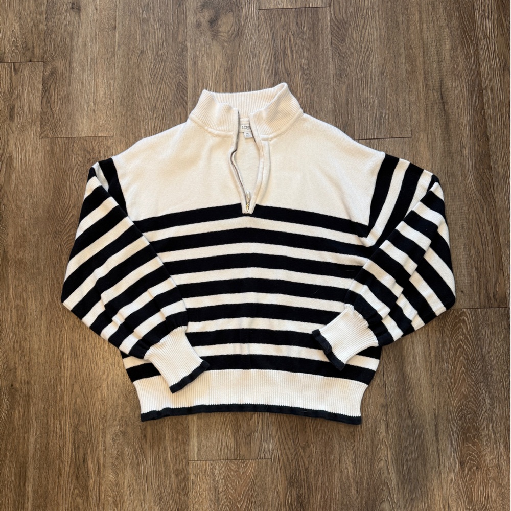 J Crew Factory Black & Cream Striped Quarter Zip Sweater